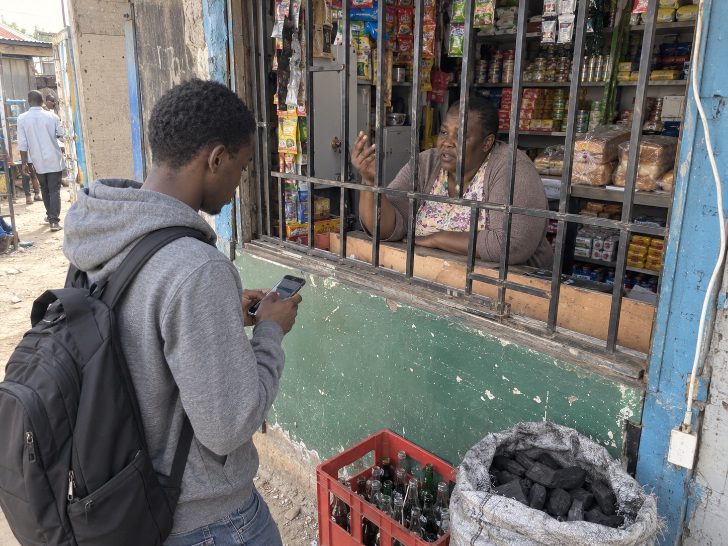 A founder taking notes on his phone as a shopkeeper explains how her shop runs
